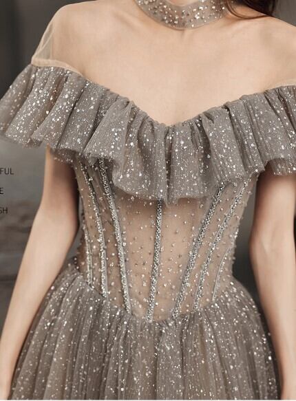 上品！ パーティードレス グレー ロング Aライン スパンコール  