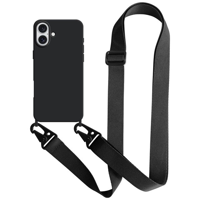 UnnFiko For iPhone 17 ケース ネックストラップ スマホケース 蛍光色 シリコン アイフォン 17 ケース シンプル ソフト 保護カバー 携帯ストラップ 紐付き 斜めがけ (iPhone 17,ブラック)