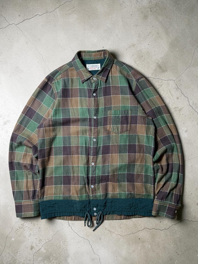 O'DESEO Heavy Cotton Plaid Snap Button Shirt Brown Green