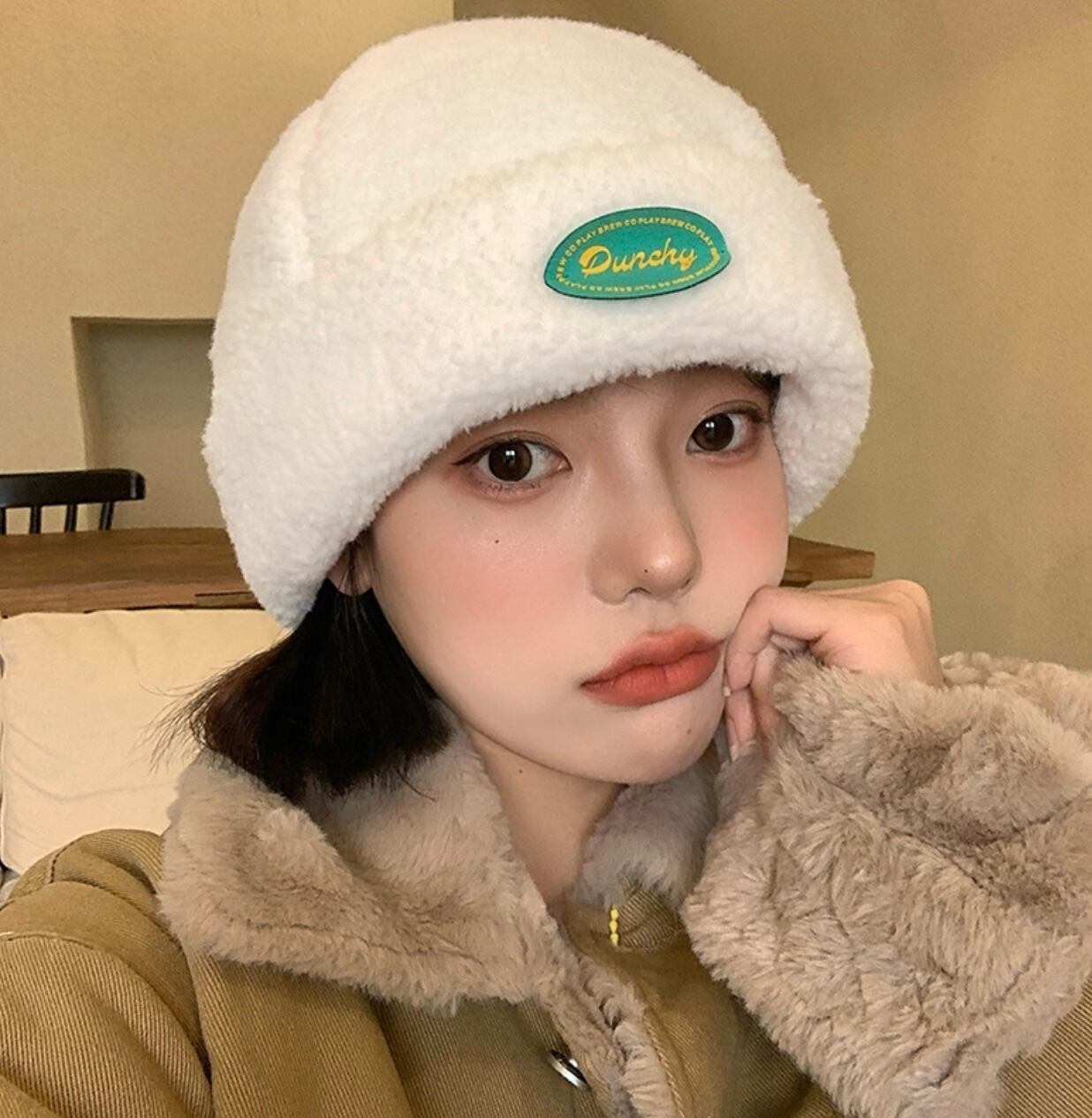 ボアで かわいい 帽子 ビーニー ワッチキャップ ダブルワッチ 今っぽ あったかい チャイナ帽子 カジュアル メンズライク 着回し抜群 ワッペン ロゴ Lamitte Deco トレンド 韓国ファッション ショップ Base店