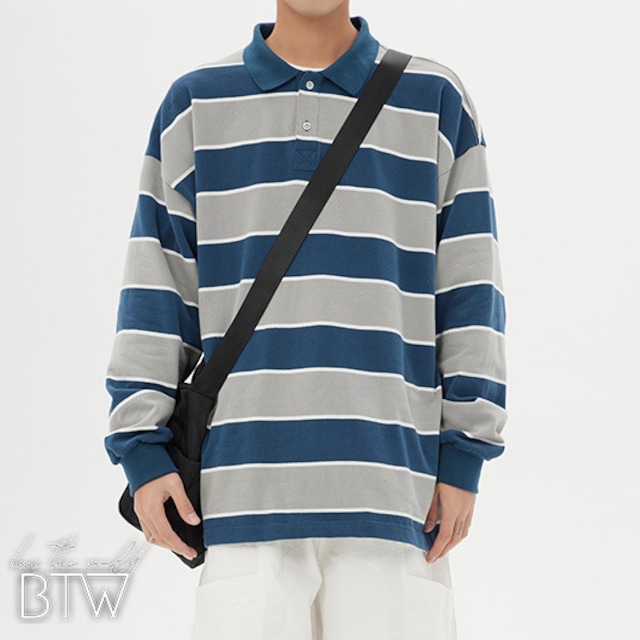 【韓国メンズファッション】ボーダー襟付きプルオーバー ラガーシャツ オーバーサイズ ゆったり BW2120