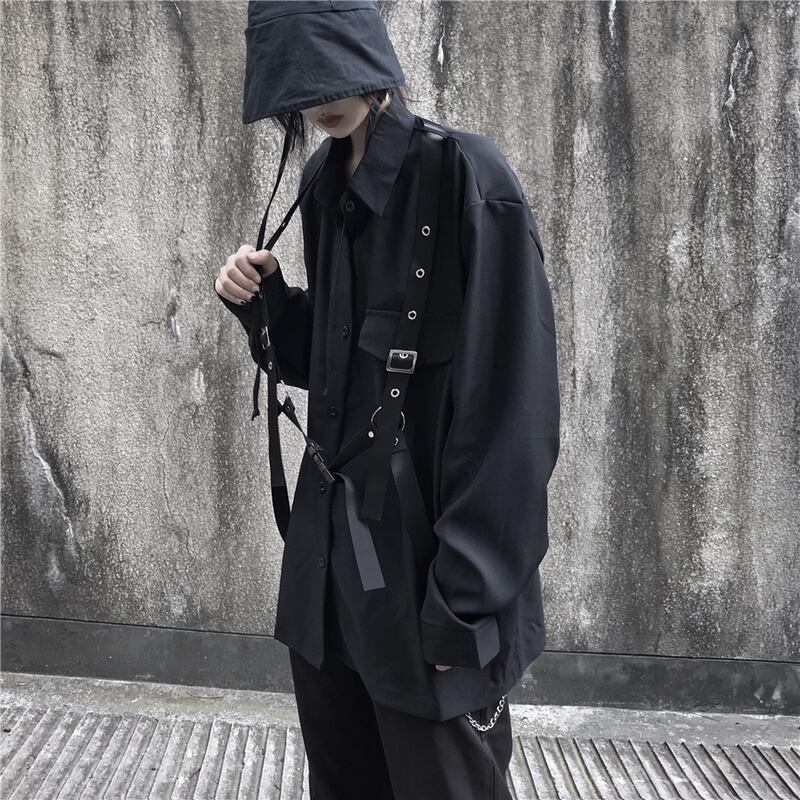 黒シャツ ショルダーストラップ 暗黒系 闇かわいい ゴシック ユニ