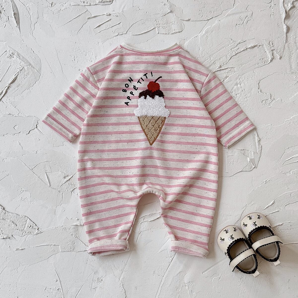 sweetワッペンつぶつぶボーダーカバーオール