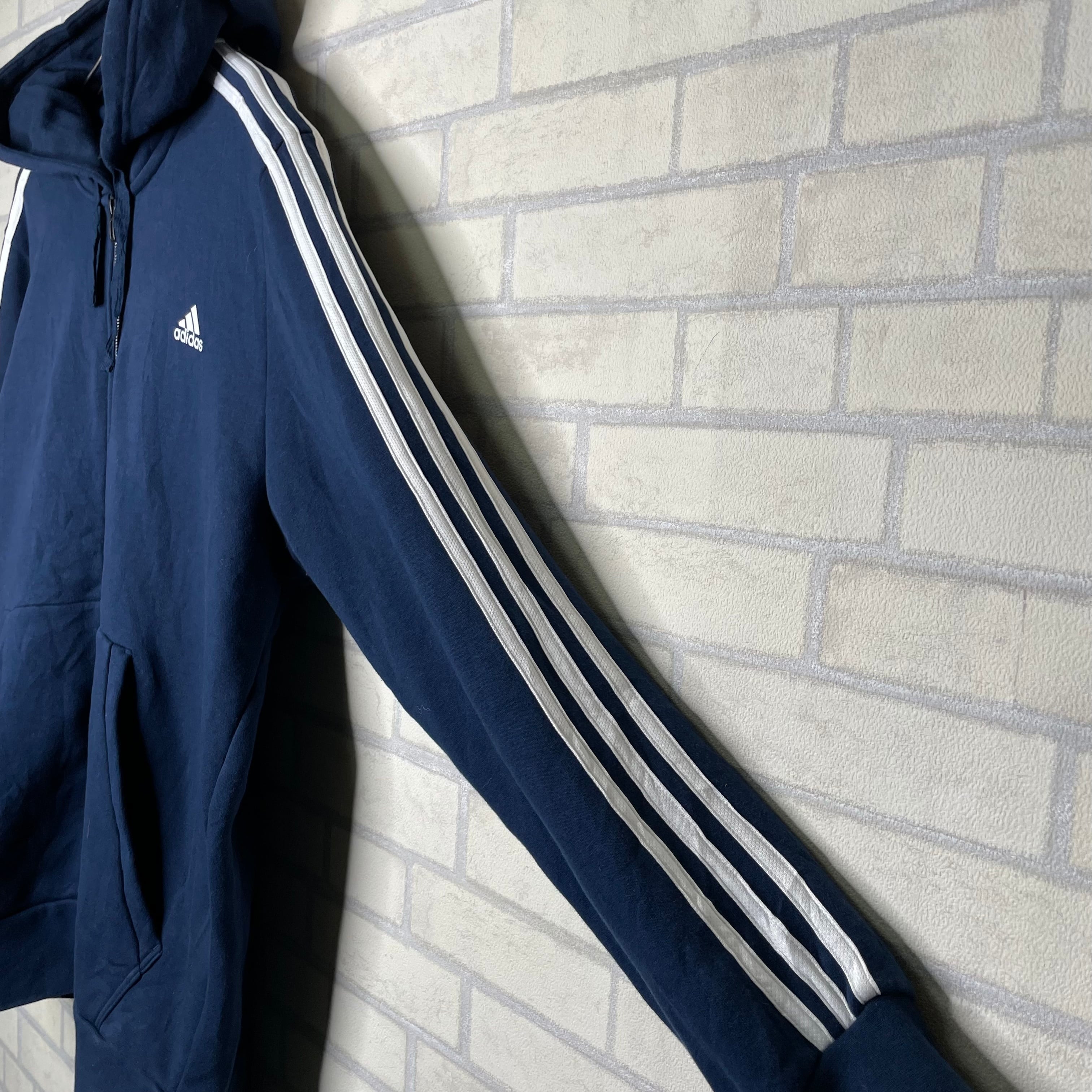 adidas フルジップパーカー XL ネイビー 袖ライン入り 刺繍入り フード 
