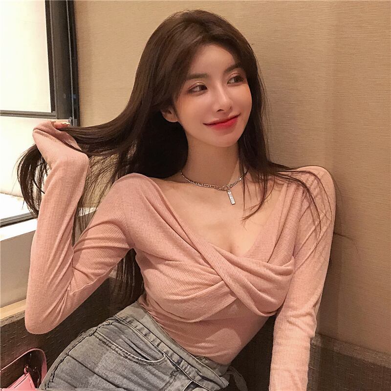 ショートセクシーVネックスリム長袖ニットTシャツレディース2020秋新作タイトフィットインナーベースシャツトップス ブラックストロベリース74730148895