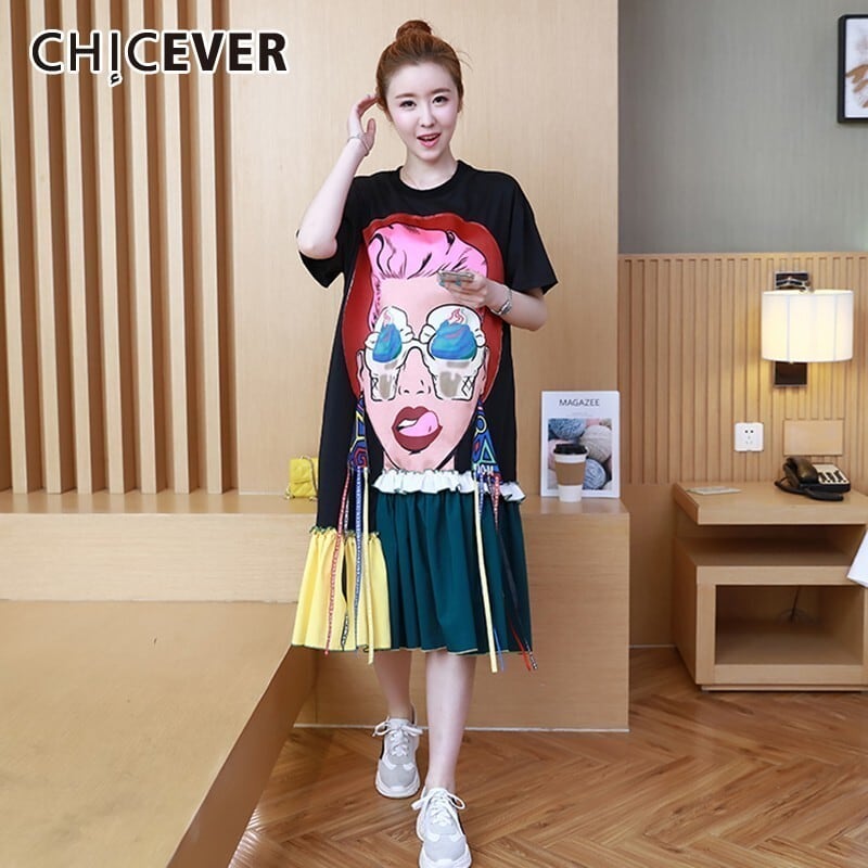 CHICEVERサマープリントパッチワークプリーツドレスレディースOネック半袖オーバーサイズヒットカラードレス2020 ショート ハーフスリーブ 夏物 6base573364548253