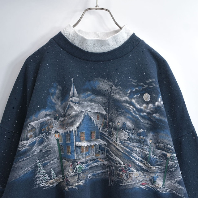 90s USA製 Art Unlimited アートアンリミテッド 聖夜 クリスマス 雪景色 サンタクロース 総柄 スウェット ダブルカラー ポケット 紺 Xmas ヴィンテージ ビンテージ 古着 メンズXXLサイズ