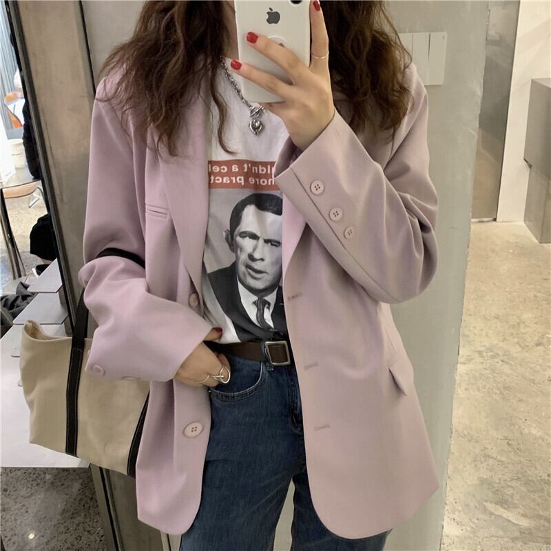 春秋ピンクパープルカジュアルスーツジャケットレディース2020ニューブリティッシュスタイルファッションスモールルースシンスーツ クレセントシティ70108899644
