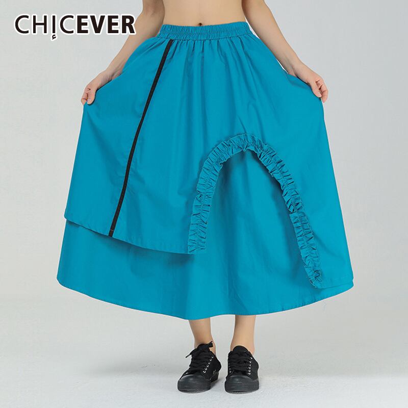 CHICEVERスカート女性ウエストルーズパッチワークフリルアシンメトリー裾スカート2021秋 ラッフル オータム 秋物 6base564216622581