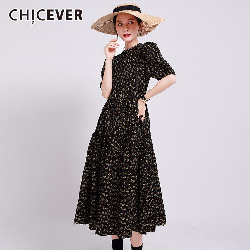 CHICEVERプリントヒットカラーレディースドレスOネックパフ半袖チュニックウエストポケットミディサマードレス洋服2020 ショート ハーフスリーブ 夏物 6base581069720242