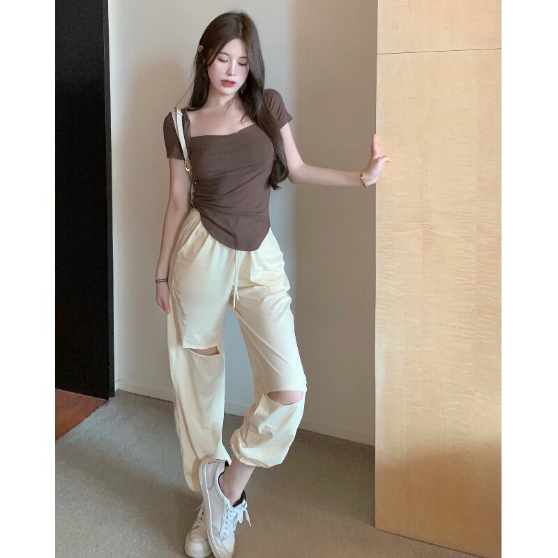 サマースタイルスリムTシャツ トップス ハイウェストウェストカジュアルパンツ レディース 夏物 スクウェア YY-ファッション16826909277