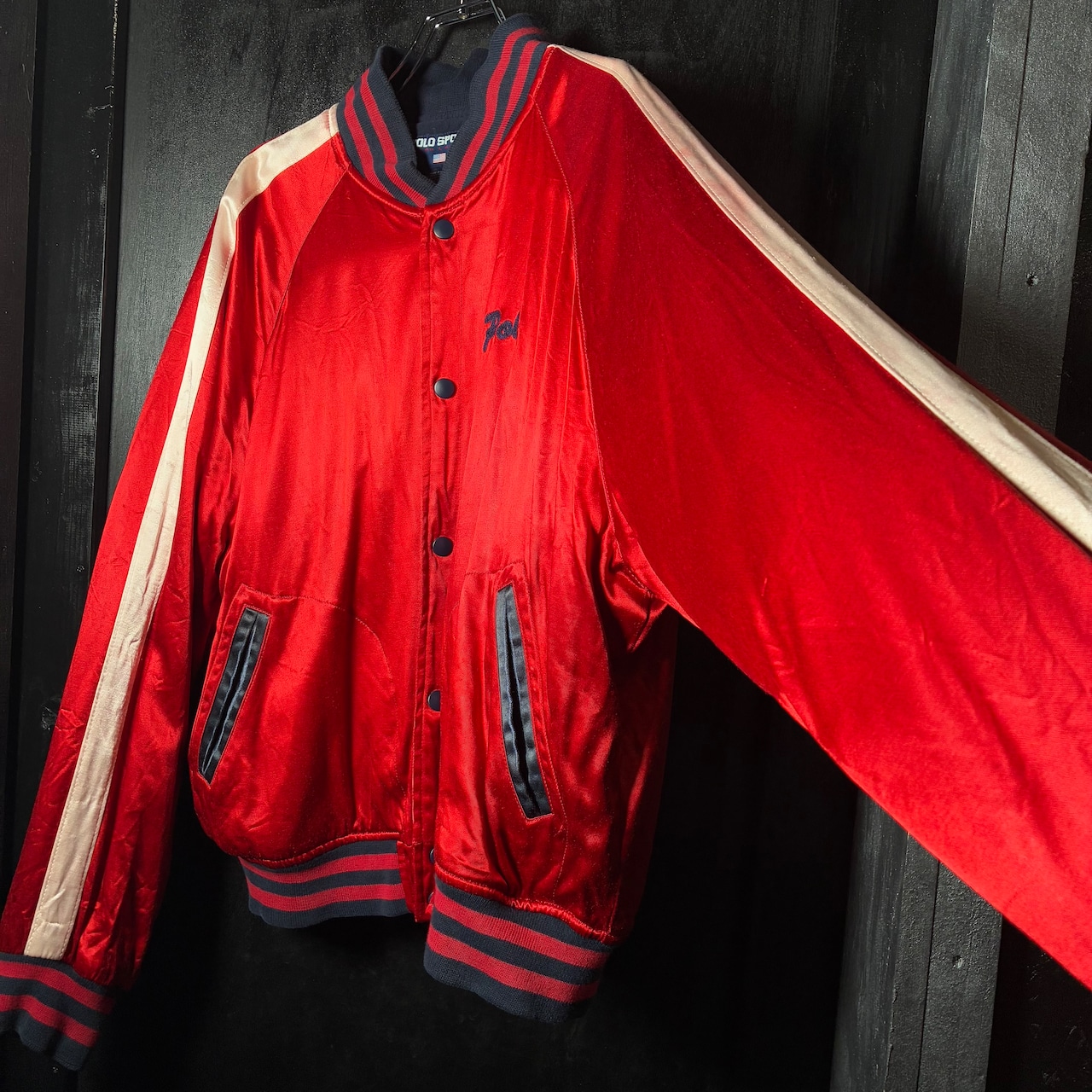 90s USA製　POLO SPORT レーヨンサテンスタジャン　赤　ポロスポーツ　スクリプトロゴ