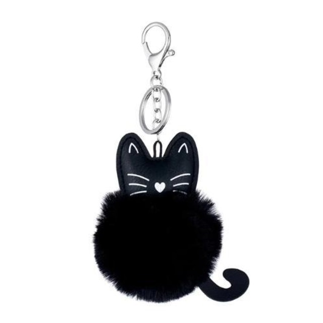 女性　ふわふわ猫　pompom　バニーキーホルダー　llavero　ポンポンチェーン　ウサギの毛皮のボール　haveiro sleutelhanger　ポンポンポールクレフ　SKU-IPA-2205-black