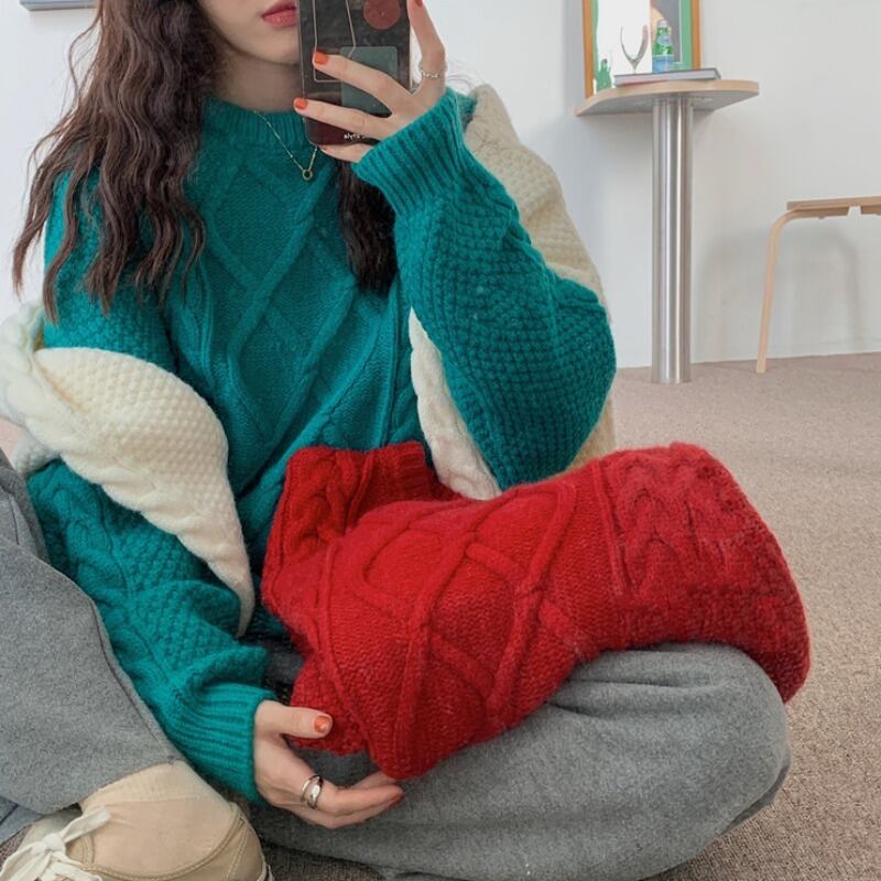 カラーニットセーター レディースルーズオータムウィンターパターンラウンドネックプルオーバー トップス 秋物 冬物 Oネック クレセントシティ71523982368