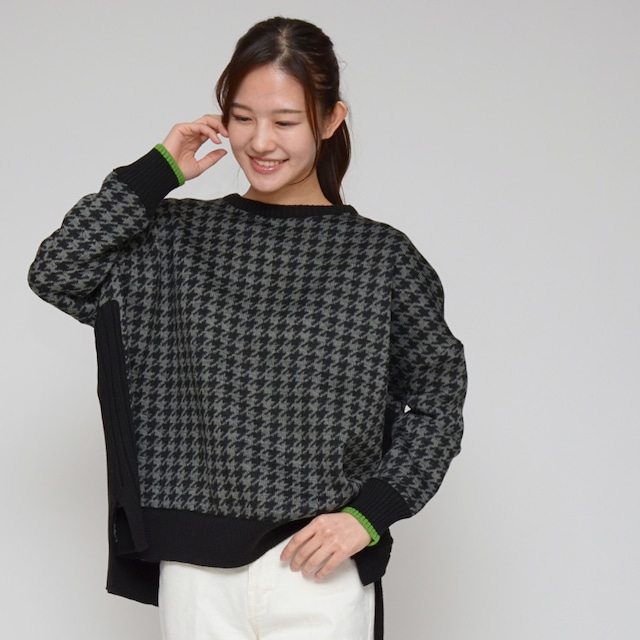 【大人の千鳥柄】ふわふわ裏起毛 ニット見えトップス ‐ LEE-2536 チャコールブラック ‐