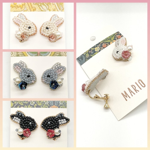 【新色＆再入荷♪】MARIO handmade　うさぎイヤリング　お花と一緒に