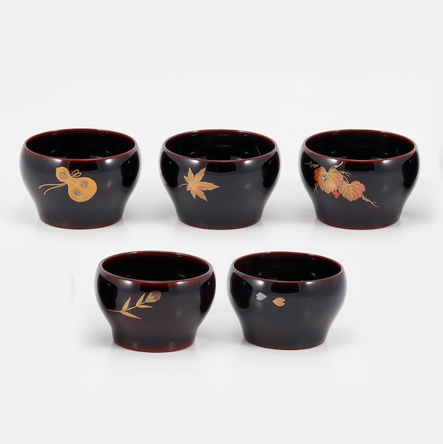 230 輪島塗 ぐい呑み／溜塗／５種蒔絵セット