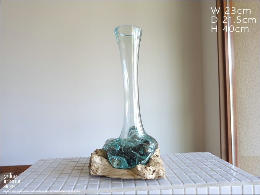 硝子フラワーベースTall40cm 花瓶 プリミティブガラスベース 手作り 一輪挿し 一点物 ハンドメイド 無垢材 自然な様