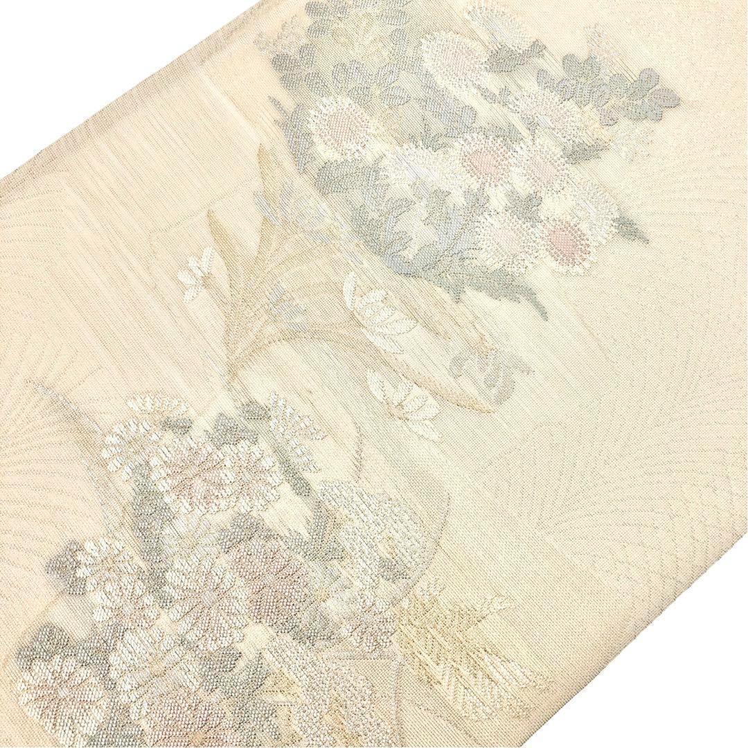 夏帯 袋帯 紗 花柄模様 金通し 鳥の子色 O-3617 | リユース着物