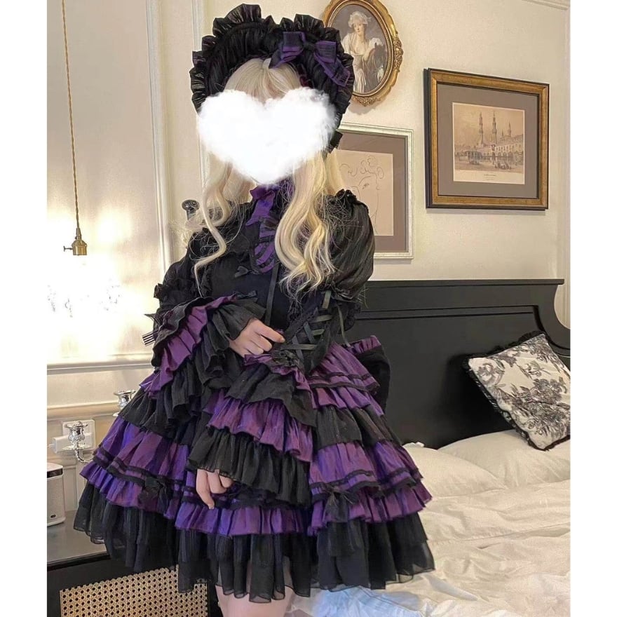 ダークゴシック｜黒×紫のバラ薫る多段フリル ヘッドドレス付き4点