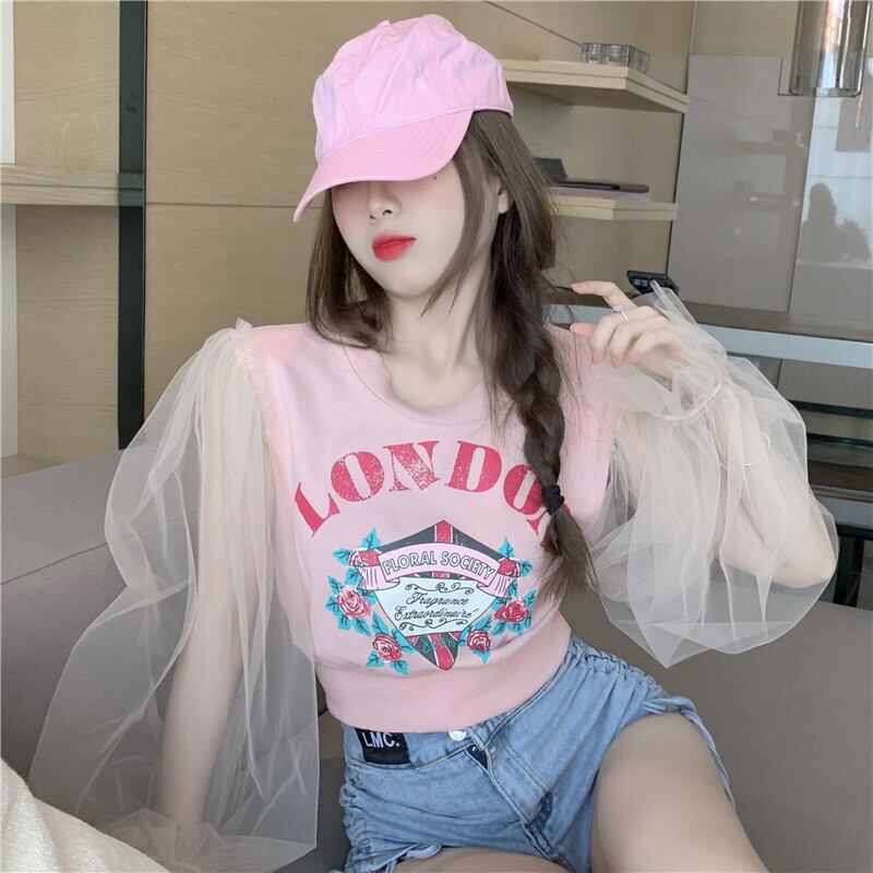 薄手メッシュプリントTシャツ サマーショートトップス ロング ピンク 大人ガーリー スウィート キュート カジュアル 夏物 ステッチ YY-ファッション22723235226