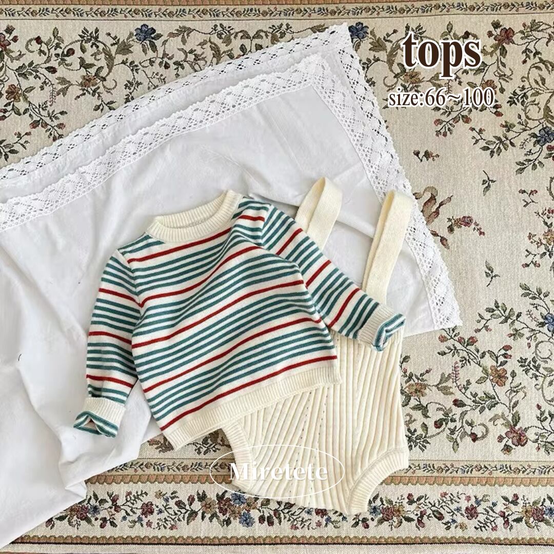 【取寄】クリスマスカラーが目を惹くボーダーニットトップス