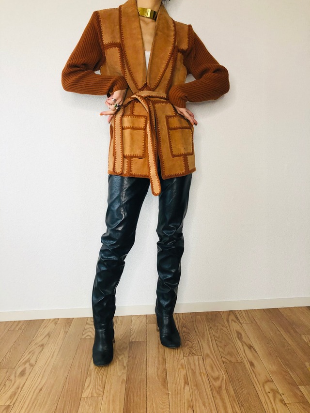 knit × leather craft belted jacket