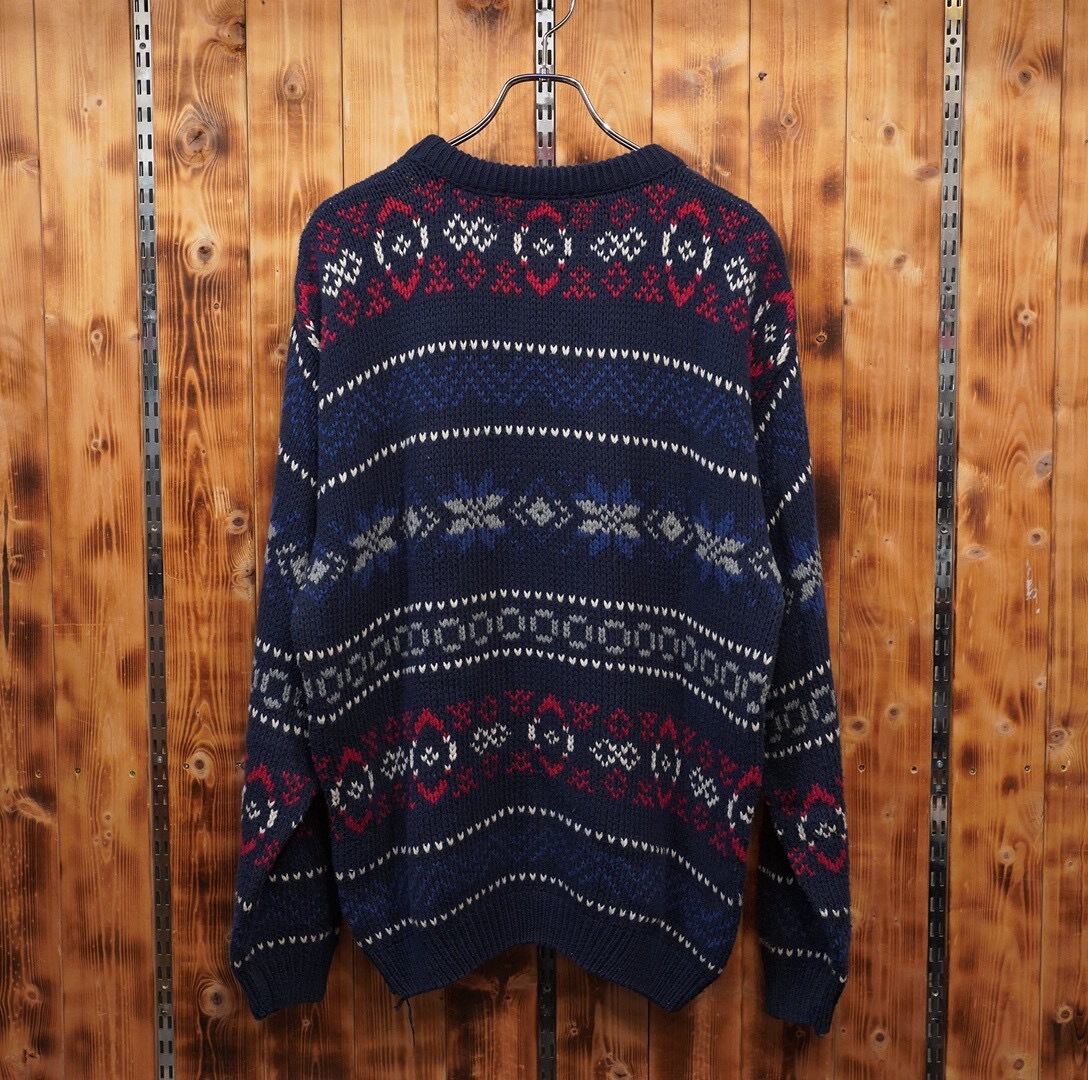 EddieBauer エディーバウアー　総柄ニット　ウール100% ネイビー 90s00s eddie bauer 白タグ usa製 総柄 ニット セーター S/エディ