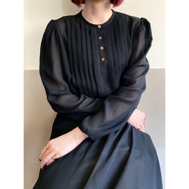 Black Sheer Tuck Front Button Dress