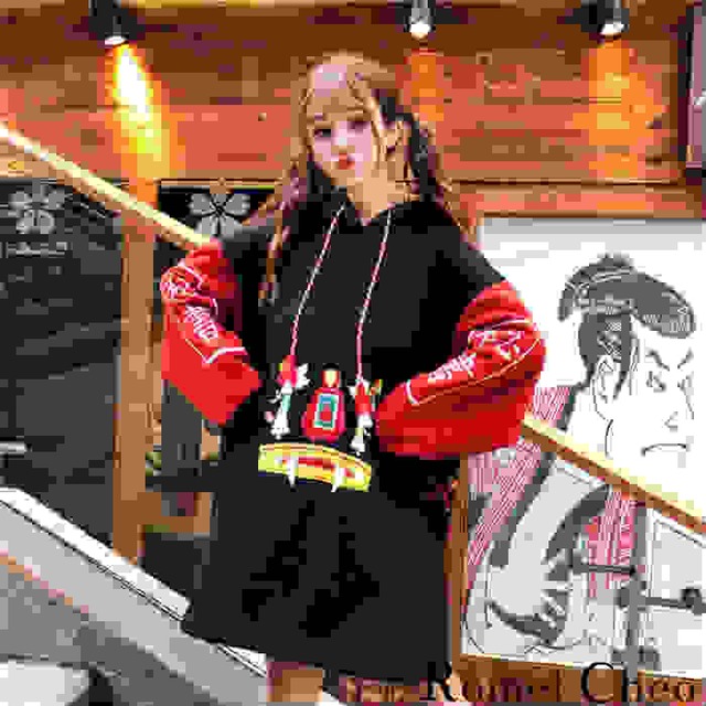 Romelcheo 和風 パーカー ビッグシルエット 原宿系 プルオーバー チュニック レースアップ ゆったり 和服 和柄 刺繍 オーバーサイズ ビッグ パーカー ワンピース ロメルチェオ Romelcheo