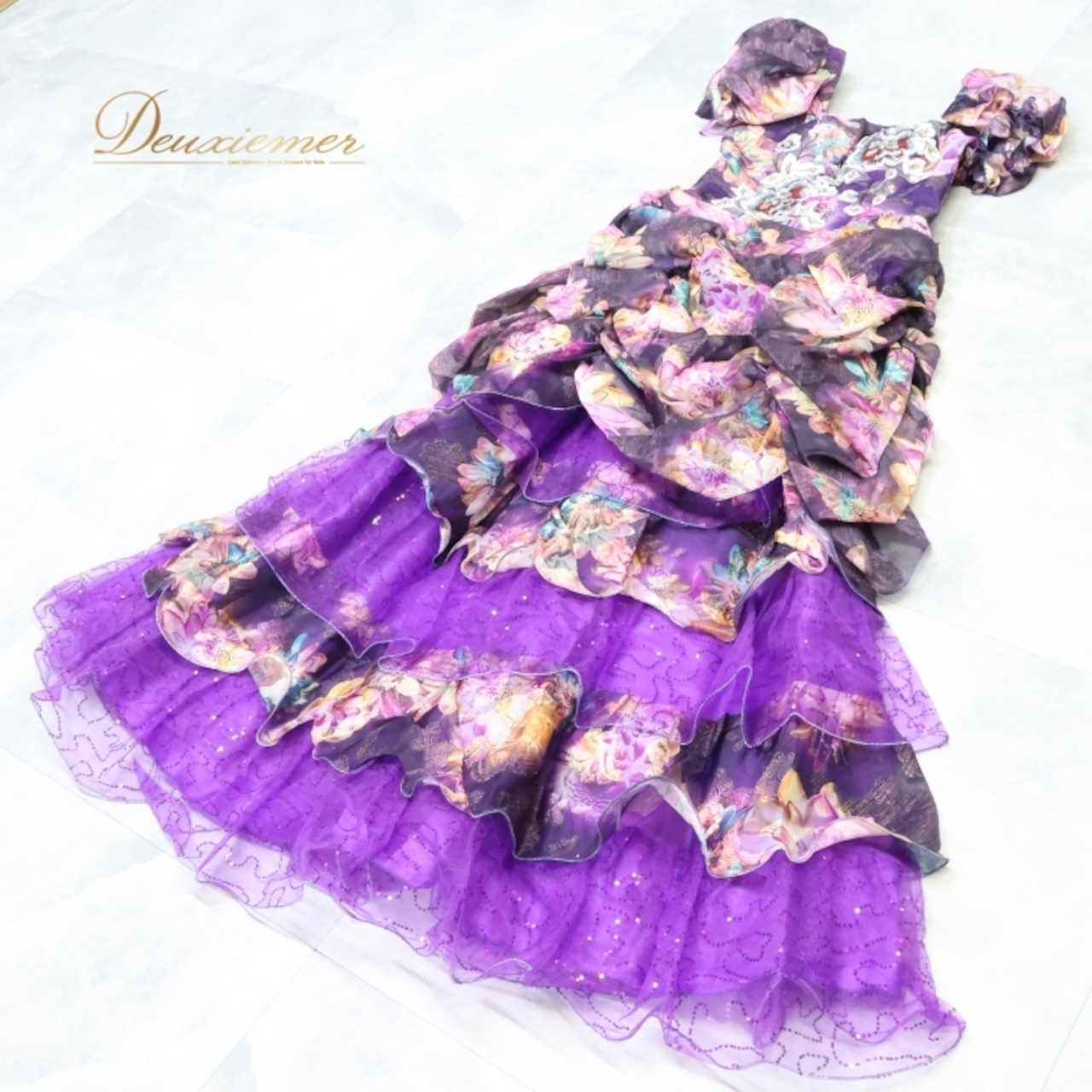 パーティドレス ワンピース ドレス パープル系 ドニャヴィストーサ Da Vistosa 紫 花柄 フリル レース 演奏会 発表会 ダンス 軽い フェミニン おしゃれ 豪華 ステージ イベント 華やか