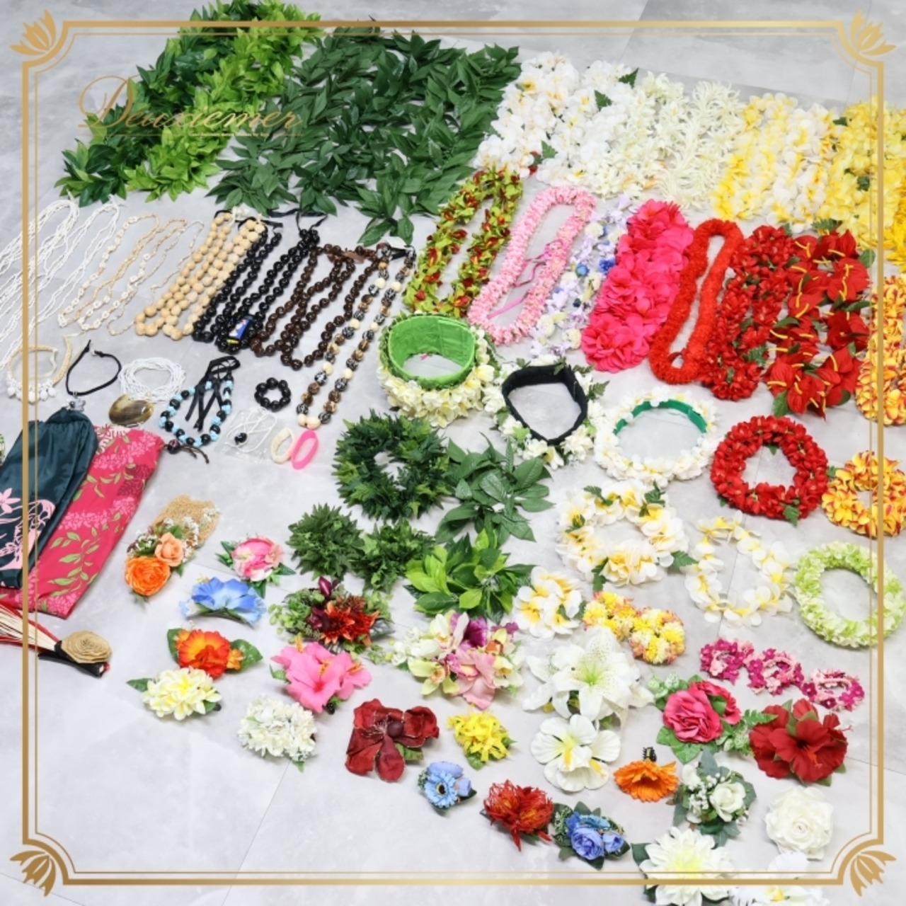 フラダンス 小物 まとめ売り 80点以上 セット フラワーレイ シェルレイ レイ ククイ クウペエ レイポー レイポオ 頭飾り 髪飾り ウィッグ 花 パウケース バッグ 小道具 タヒチアン ネックレス ホワイト系 ピンク系 レッド系 イエロー系 ブラック系