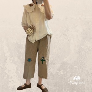※Knitting applique Cotton straight Pants 3col Y PA014