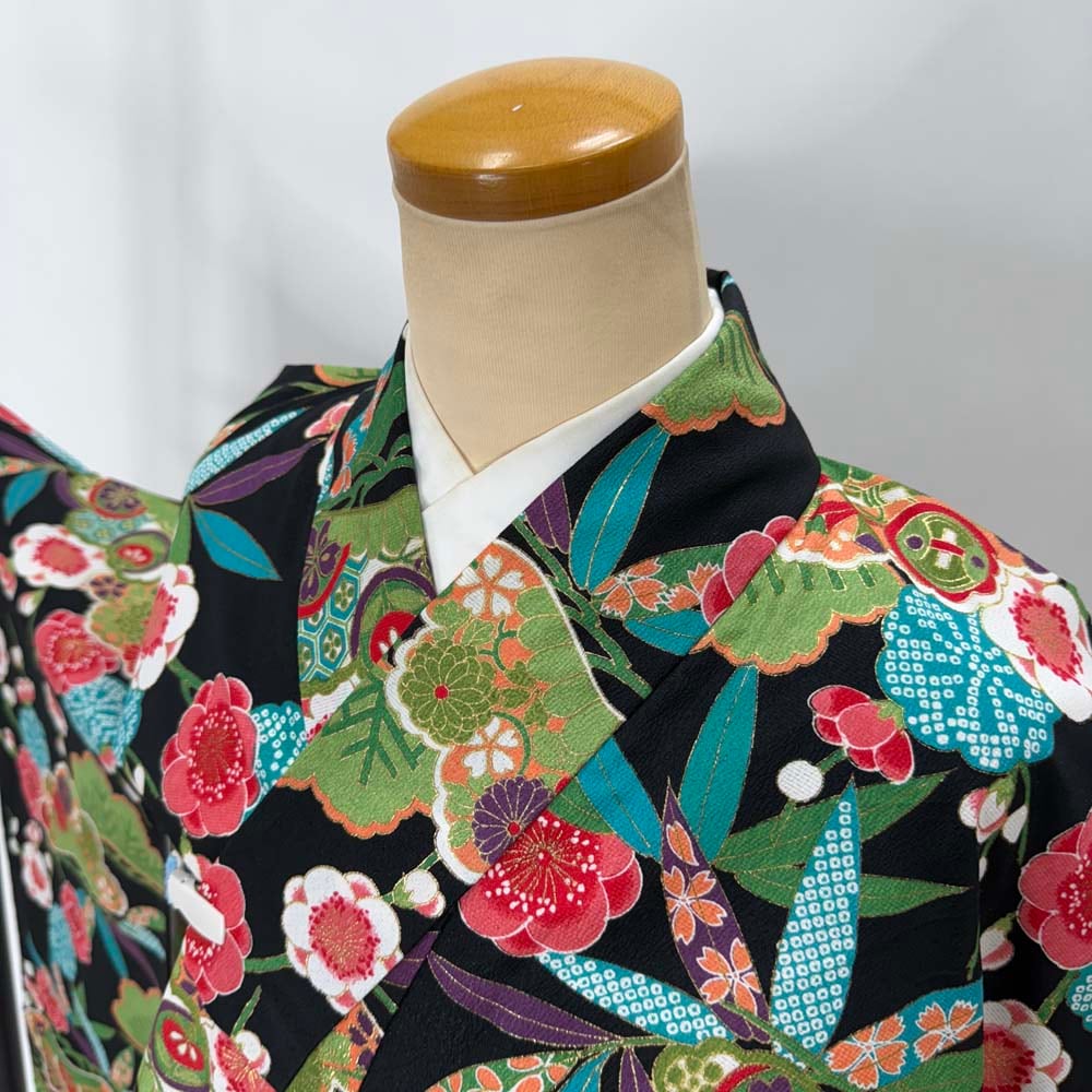 二尺袖 単品 卒業式着物 黒 裄68cm Lサイズ 袴用着物 化繊 中古 4562