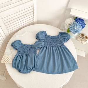 【姉妹服】2026新作　パフスリーブブルーロンパース/ワンピース