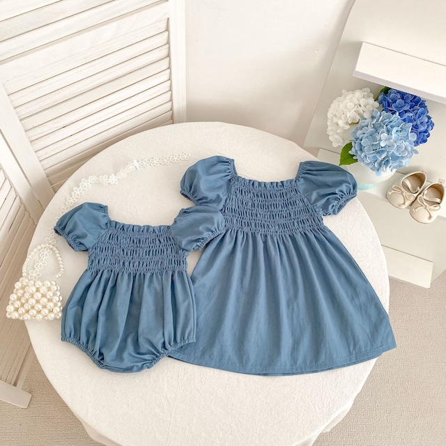 【姉妹服】2026新作　パフスリーブブルーロンパース/ワンピース