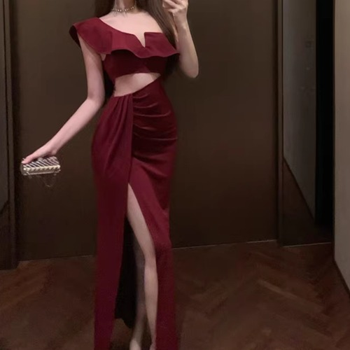 2色／ワンショルコンビスリットワンピ ・9522