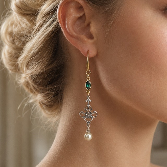 エメラルドの揺れるロングピアス｜アンティーク調パールアクセサリー
