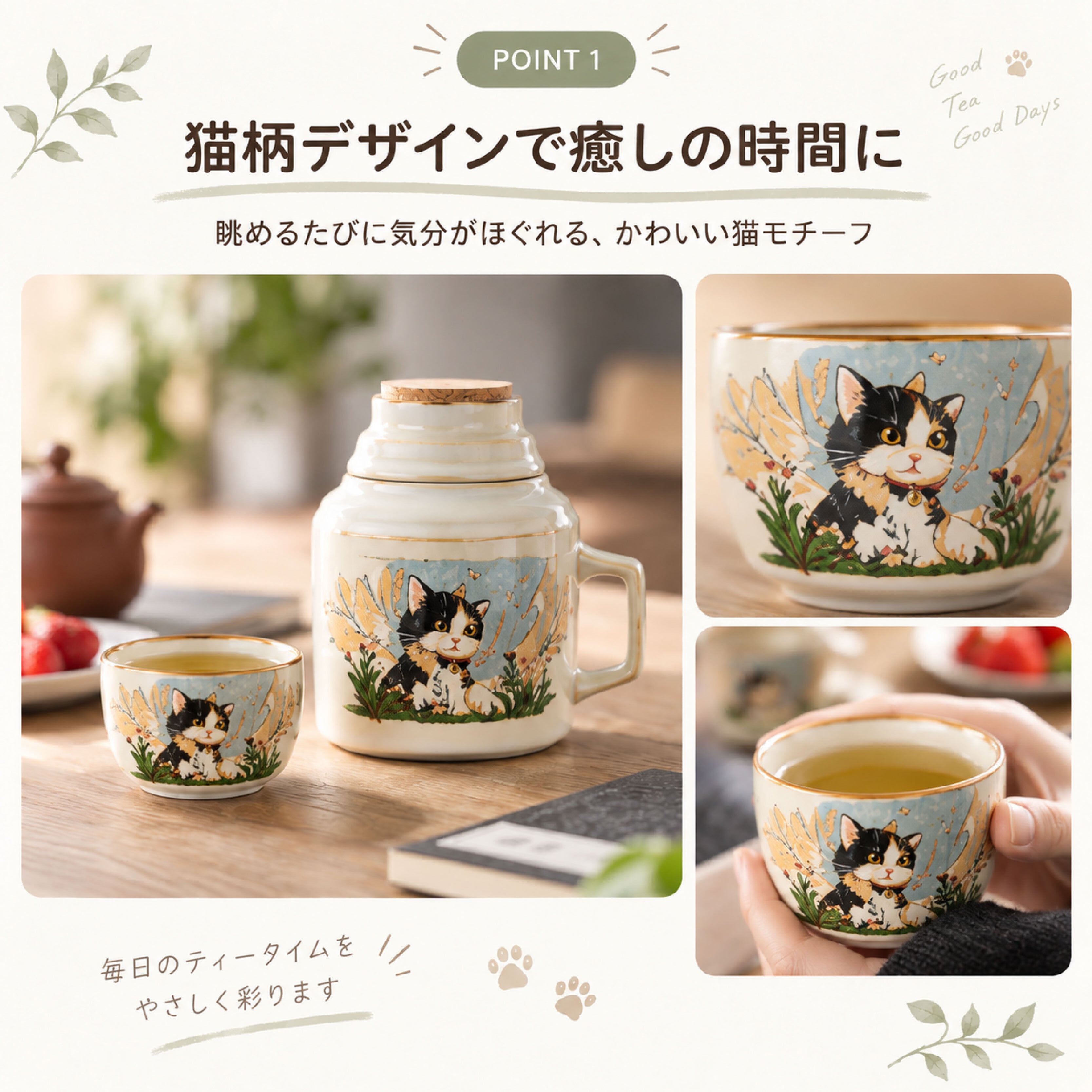HY 1130 .猫柄陶器茶器 蓋付きマグカップ 急須風ティーカップ