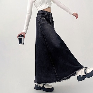 デニム ロングスカート レディース 韓国 ヴィンテージ 大人 カジュアル おしゃれ Aライン ゆったり 体型カバー フリンジ デニムスカート ハイウエスト 大人可愛い 大人女子