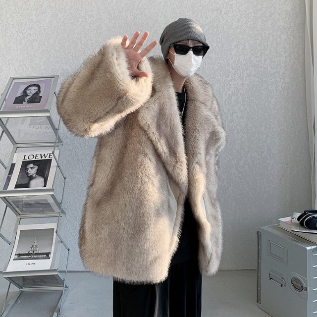 予約販売】ファーコート メンズ ショート丈 ビッグシルエット 毛皮風  