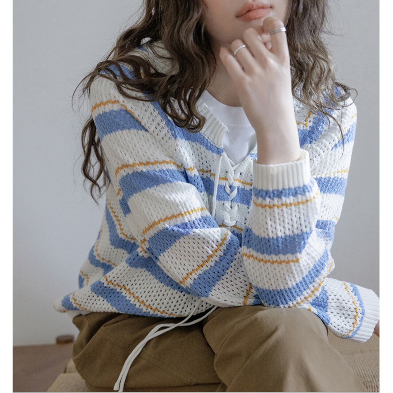 レースアップマルチボーダーニット a0649