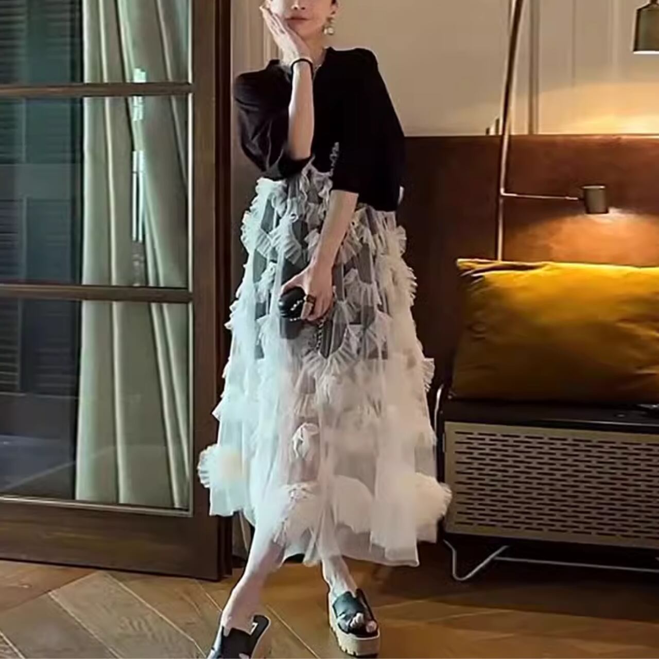 メッシュパッチワークTシャツ&フリル ロング フレア スカート