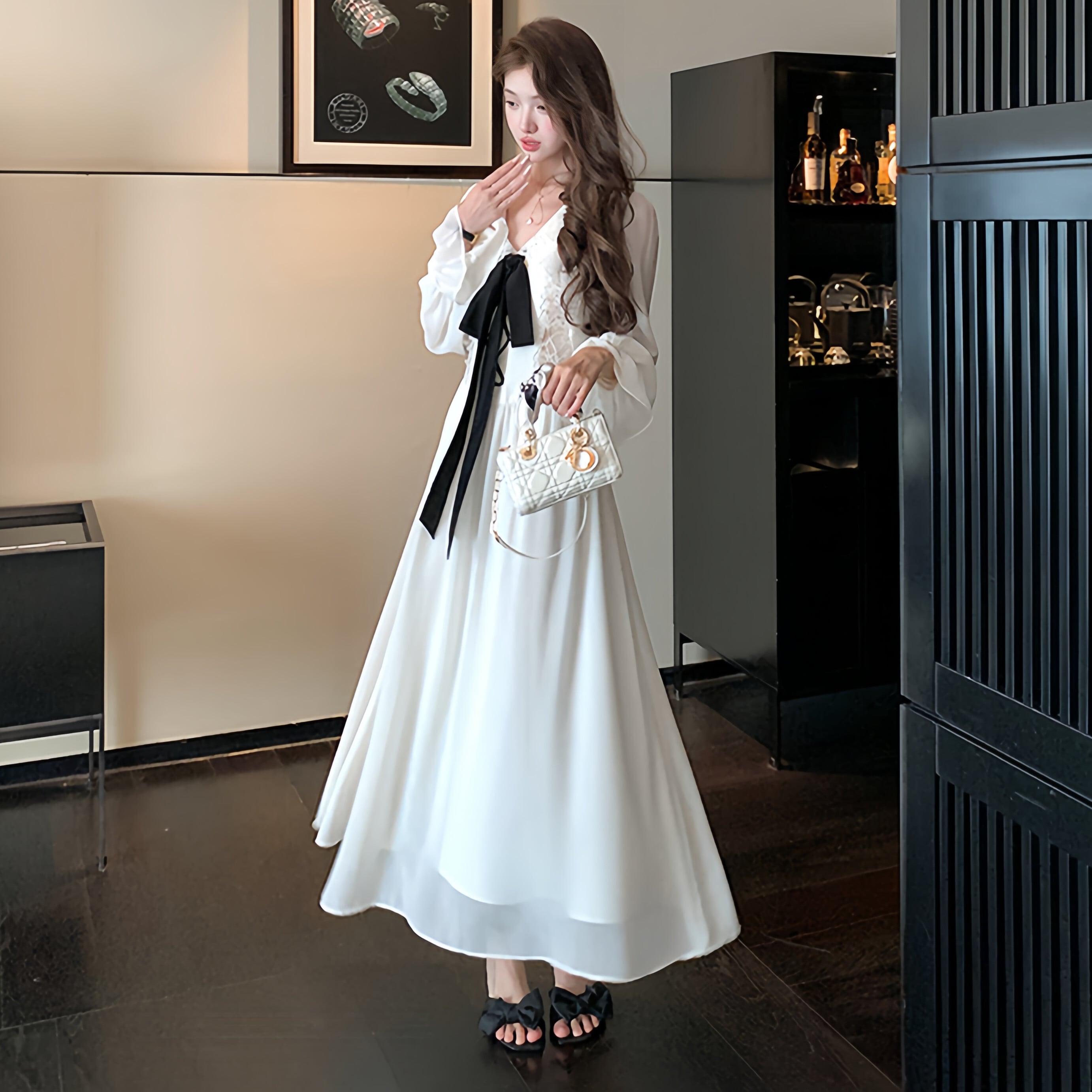 dress】ビッグリボンレースドッキングロングワンピース N3316 | nanastyle