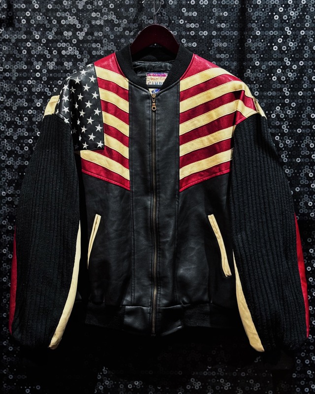 【ÆIEM】“CAMPACT” vintage American flag leather × knit switching bomber jacket