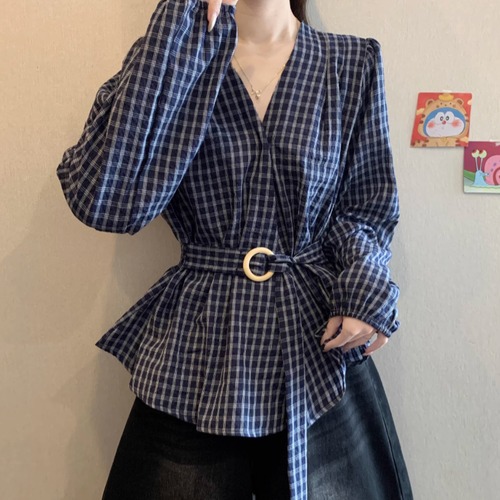 チェックウエストシェイプVネックトップス ・75438