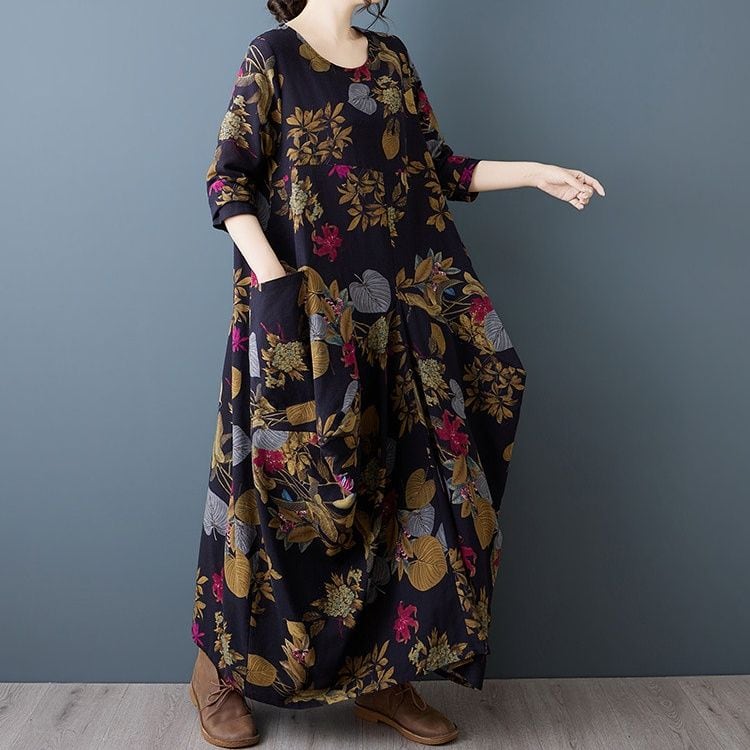 ROUND NECK LONG SLEEVES FLORAL MAXI DRESS M-18281