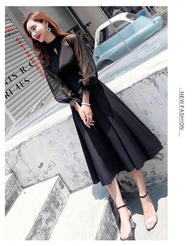 ワンピース ドレス 結婚式 二次会 お呼ばれ パーティー ミモレ丈ワンピース ミモレ丈 ドレス 黒ワンピース シースルー袖 大人 きれいめ P6227 Kirari きらり