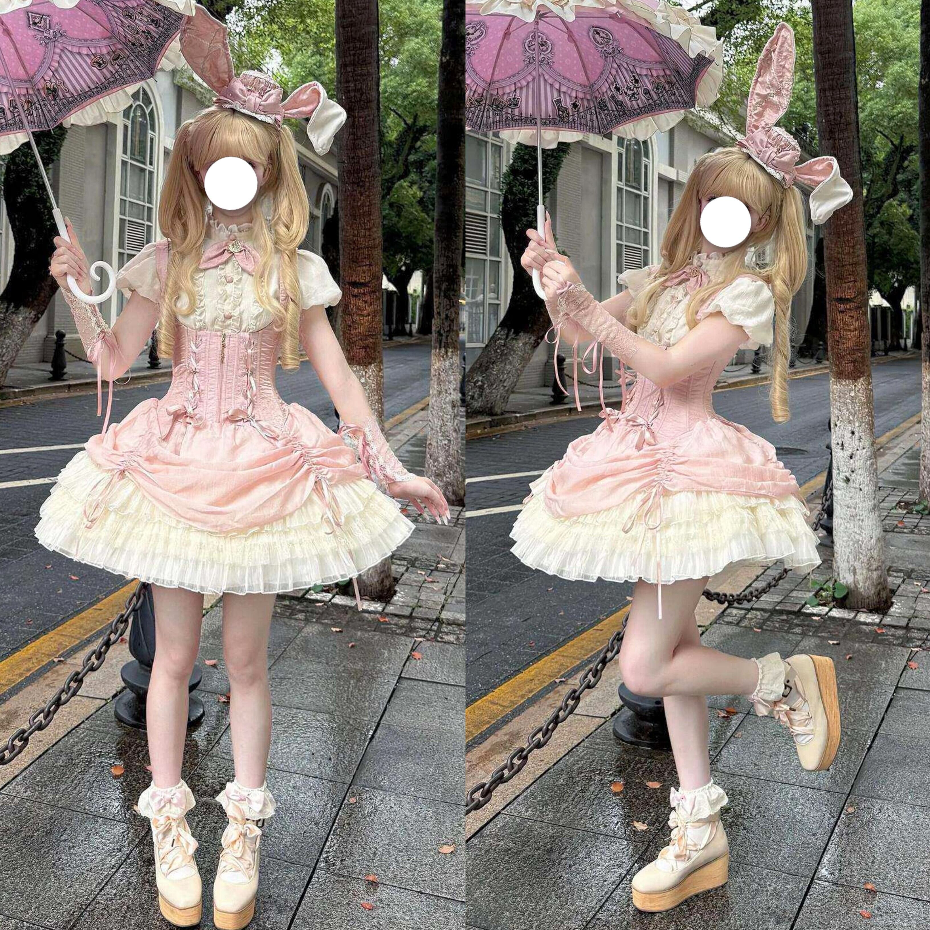 ロリータ 甘ロリ バニー ブラウス ジャンスカ ハット セット 4color