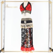 ベリーダンス 衣装 トップス ヒップスカーフ セット ブラック系 トライバル カラフル レース 花柄 豪華 装飾 タッセル かわいい 黒 赤 金 キラキラ 練習 レッスン ステージ イベント レッド系 ゴールド系